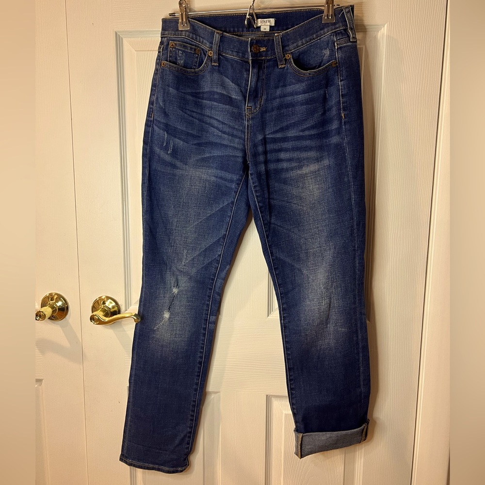 J. Crew Medium Wash 5 Pocket Mid-Rise Distressed Girlfriend Jeans - Size 26